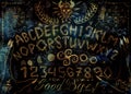 Ouija magic spiritual board design with evil face, letters and hands on grunge texture background