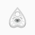 Ouija planchette with eye of providence. Witch and magic symbol, monochrome vector illustration, isolated on white