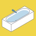 Oulined bathtub filled with water. Blue yellow vector bath tub in isometric perspective