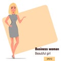 Oung cartoon businesswoman wearing strict gray dress.