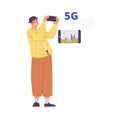 oung man uses a 5G connection to send images, flat vector illustration isolated. Royalty Free Stock Photo