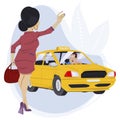 Oung woman catching car on city street. Illustration for internet and mobile website