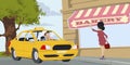 Oung woman catching car on city street. Illustration for internet and mobile website