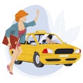 Oung woman catching car on city street. Illustration for internet and mobile website