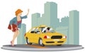 Oung woman catching car on city street. Illustration for internet and mobile website