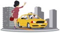 Oung woman catching car on city street. Illustration for internet and mobile website