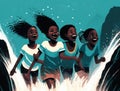 A group of four African girls confidently jumping in front of an aquamarine waterfall faces illuminated by the sparkling Royalty Free Stock Photo