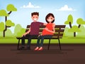 ÃÂ¡ouple sitting on a bench in the park. Pregnant wife and her husband. Vector illustration