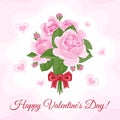 Ouquet of pink roses with red bow and hearts on light background. Happy Valentine`s Day greeting card, banner. Royalty Free Stock Photo