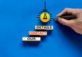 Our contact details symbol. Concept words Our contact details on wooden blocks. Businessman hand. Yellow light bulb icon. Royalty Free Stock Photo