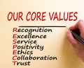 Our core values symbol. Male hand writing words `Our core values` and other business terms on white paper. Business and our core Royalty Free Stock Photo