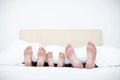 Our familys feet. Fun shot of three pairs of feet peeking out from under a duvet. Royalty Free Stock Photo