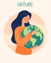 Our home planet symbolized as an eco friendly and sustainable globe in a miniature human context. Female character Royalty Free Stock Photo