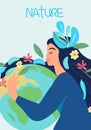 Our home planet symbolized as an eco friendly and sustainable globe in a miniature human context. Female character Royalty Free Stock Photo