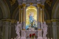 Our Lady\'s statue on the altar of the Sanctuary of Our Lady of the Guard in the fog, in winter time, in