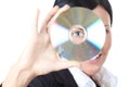 Our new software. Woman holding compact disc. Head Royalty Free Stock Photo