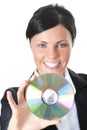 Our new software. Woman holding compact disc. Head Royalty Free Stock Photo