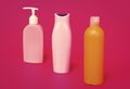 Our packaging solutions. Toiletry bottles pink background. Refillable bottles in row