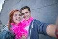 Happy nice couple taking selfie Romantic date.