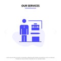Our Services Abilities, Accomplished, Achieve, Businessman Solid Glyph Icon Web card Template