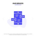 Our Services App Development, Arrows, Div, Mobile Solid Glyph Icon Web card Template