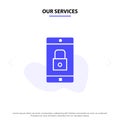 Our Services Application, Lock, Lock Application, Mobile, Mobile Application Solid Glyph Icon Web card Template Royalty Free Stock Photo