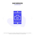 Our Services Application, Mobile, Mobile Application, Camera Solid Glyph Icon Web card Template Royalty Free Stock Photo