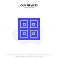 Our Services Arrived, Boxes, Delivery, Logistic, Shipping Solid Glyph Icon Web card Template