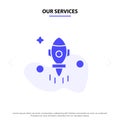 Our Services Astronomy, Rocket, Space, Fly Solid Glyph Icon Web card Template Royalty Free Stock Photo