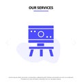 Our Services Atom, Board, Science, Space Solid Glyph Icon Web card Template Royalty Free Stock Photo