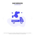 Our Services Automobile, Truck, Emission, Gas, Pollution Solid Glyph Icon Web card Template Royalty Free Stock Photo