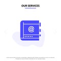 Our Services Book, Business, Contact, Contacts, Internet, Phone, Telephone Solid Glyph Icon Web card Template