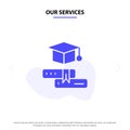Our Services Books, Cap, Education, Graduation Solid Glyph Icon Web card Template