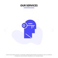 Our Services Brain, Key, Lock, Mind, Unlock Solid Glyph Icon Web card Template