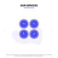 Our Services Clock, Business, Clocks, Office Clocks, Time Zone, Wall Clocks, World Time Solid Glyph Icon Web card Template Royalty Free Stock Photo