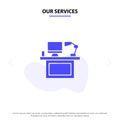 Our Services Computer, Desk, Desktop, Monitor, Office, Place, Table Solid Glyph Icon Web card Template