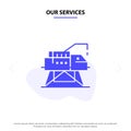 Our Services Construction, Engineering, Laboratory, Platform Solid Glyph Icon Web card Template