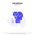 Our Services Creative, Brain, Idea, Light bulb, Mind, Personal, Power, Success Solid Glyph Icon Web card Template Royalty Free Stock Photo