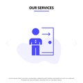 Our Services Dismissal, Employee, Exit, Job, Layoff, Person, Personal Solid Glyph Icon Web card Template