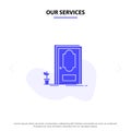 Our Services Door, Closed, Wood, Plant Solid Glyph Icon Web card Template Royalty Free Stock Photo