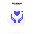 Our Services Hand, Heart, Love, Motivation Solid Glyph Icon Web card Template Royalty Free Stock Photo