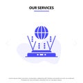Our Services Internet, Globe, Router, Connect Solid Glyph Icon Web card Template Royalty Free Stock Photo