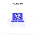 Our Services Laptop, World, Globe, Technical Solid Glyph Icon Web card Template Royalty Free Stock Photo
