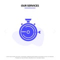 Our Services Launch, Management, Optimization, Release, Stopwatch Solid Glyph Icon Web card Template Royalty Free Stock Photo
