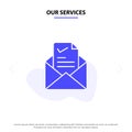 Our Services Mail, Email, Job, Tick, Good Solid Glyph Icon Web card Template