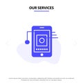 Our Services Mobile, Cell, Hardware, Network Solid Glyph Icon Web card Template