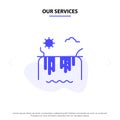 Our Services Mountains, River, Sun, Canada Solid Glyph Icon Web card Template