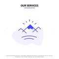 Our Services Mountains, River, Sun, Canada Solid Glyph Icon Web card Template