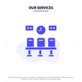 Our Services Seats, Train, Transportation, Clock Solid Glyph Icon Web card Template Royalty Free Stock Photo