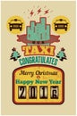 Our Taxi congratulates Merry Christmas and Happy New Year! Christmas vintage style greeting card design for taxi. Retro grunge